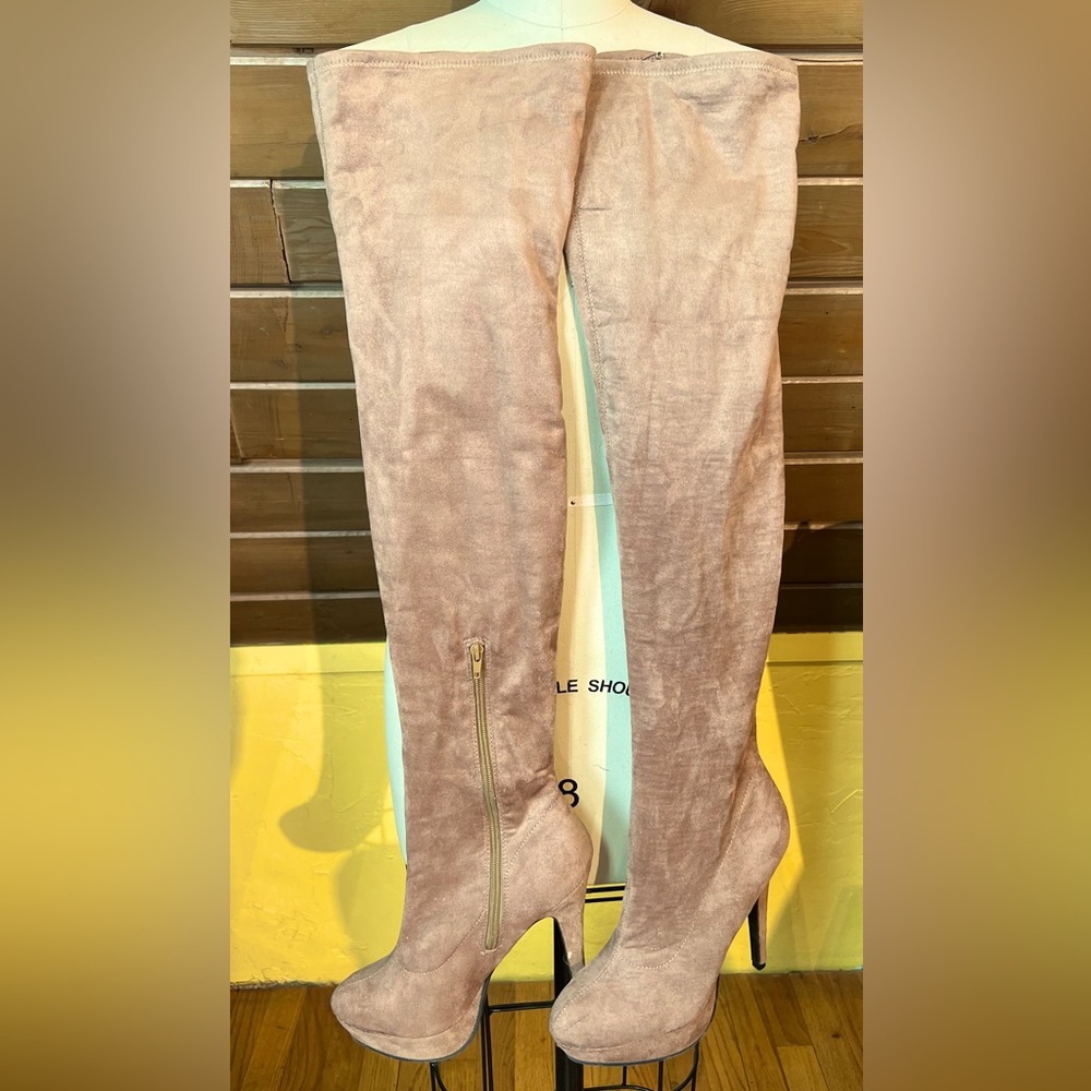 Thigh high high-heeled platform stretch suede boots
